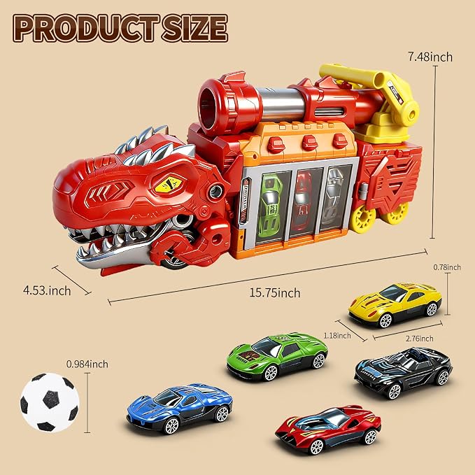 STBEIMEIMY Tyrannosaurus Rex Truck, Ejection Shooting Toy with 10 Cars & Storage Shooting Launcher Action, Foldable Storage Holds 10 Cars, 12 Soft EVA Balls, Safe for Toddlers 3+