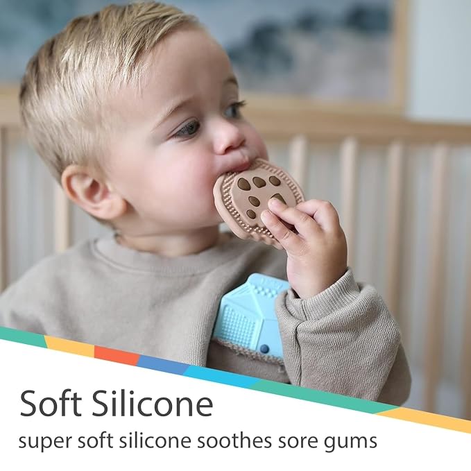 Nuby Chocolate Chip Cookie and Milk Baby Teether for Teething Comfort - Silicone Teether for Babies - Soothes Sore Gums - 3+ Months