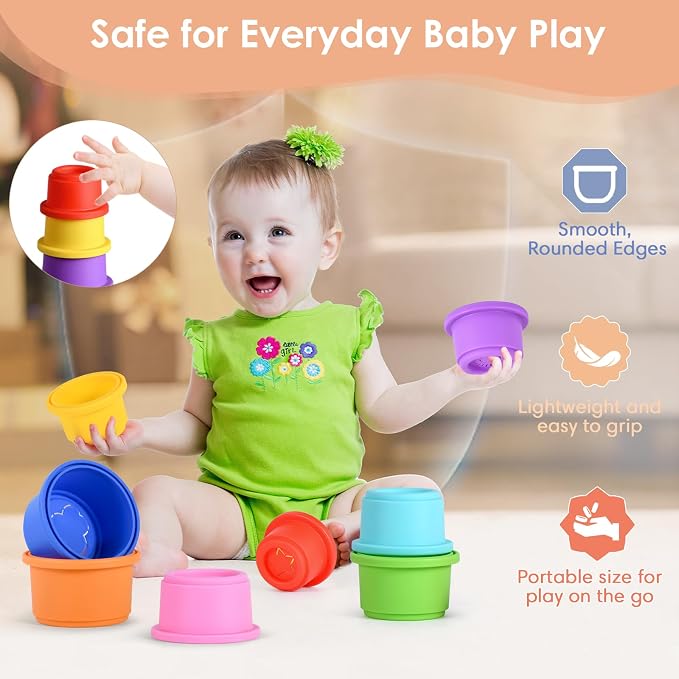 ZYFLSQ Stacking Cups Baby Toy 8 Pcs, Nesting Cups for Babies 6 Months+, Bath Toys with Pattern for Kids, Montessori Educational Toys for Toddler