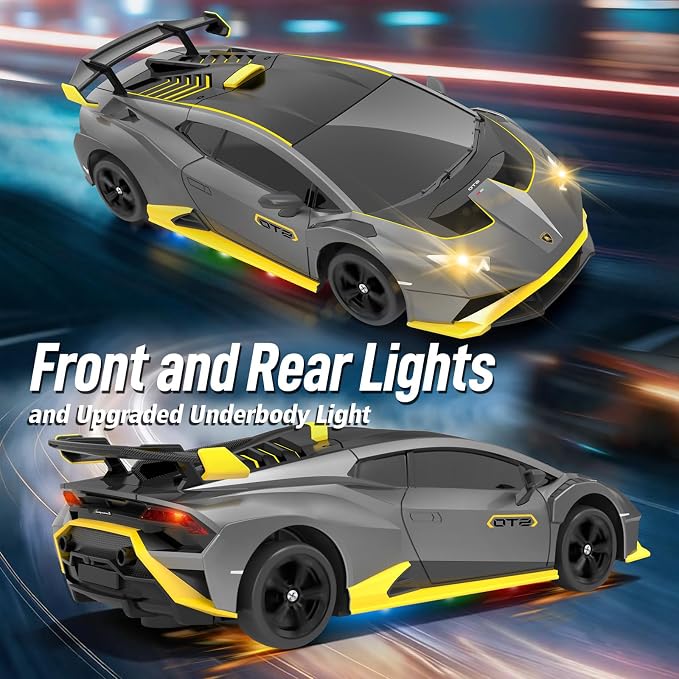 YONCHER RC Drift Car, Remote Control Car for Kids Lamborghini Officially Licensed, 1:24 20KM/H 4WD RC Cars with Lights, Fast Racing Toy Car for Boys Girls, Gray