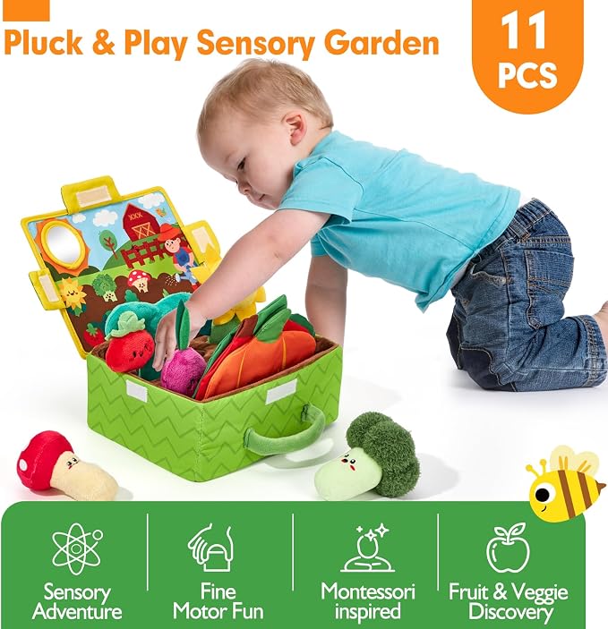 hahaland Baby Toys 6-12 Months - Fruits Vegetables Garden Plant Farm Plush | 6 Month Old Montessori Sensory Toys Carrot Flower with Rattles Mirror Squeaker Crinkle Tissues, 9 Month Old Gifts for Babies