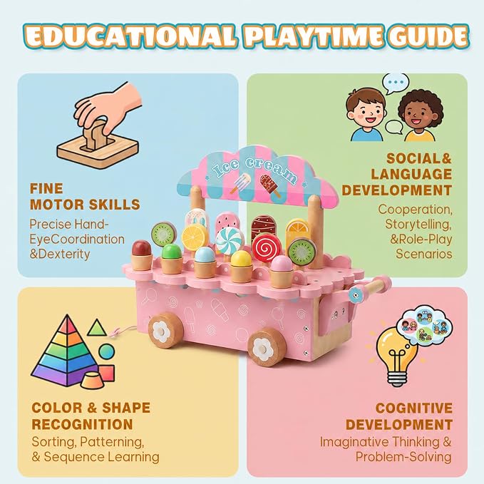 BROWNROOT Wooden Ice Cream Cart for Kids, Pull Along Pretend Play Food Toys with Fruit Popsicles Lollipops, Play Kitchen Accessories Preschool Store Toy for Toddlers Girls Boys 3+ Gift