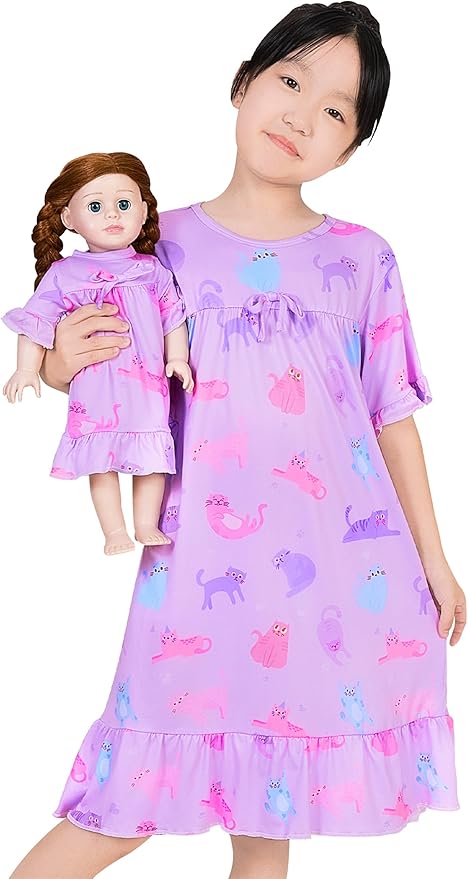 MHJY Matching Girls & Doll Nightgowns Vintage Short Sleeve Sleepwear Pajamas Dress for Girls and 18" Girl Doll