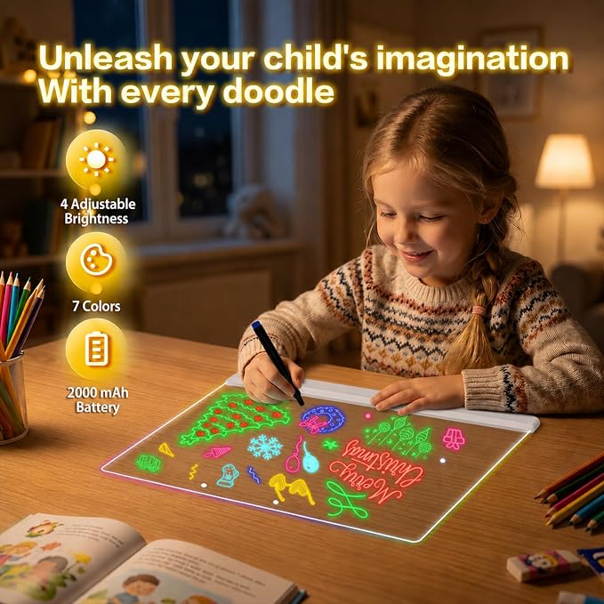 Rechargeable 16" Led Drawing Board for Kids Doodle Glow LED Note Board 7 Colors, 4 Modes, 7 Marks Light Up Pad Art Kit Kids Toy, Birthday Gift for Boys, Girls, Teens (White)
