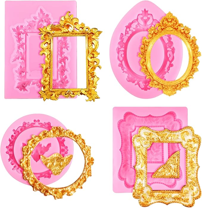 JJUNW 4 Pcs Photo Frame Silicone Molds, Baroque Style Air Dry Clay Molds, Mini Frame Molds Silicone for Cupcake Topper Cake Decoration Chocolate Candy Polymer Clay