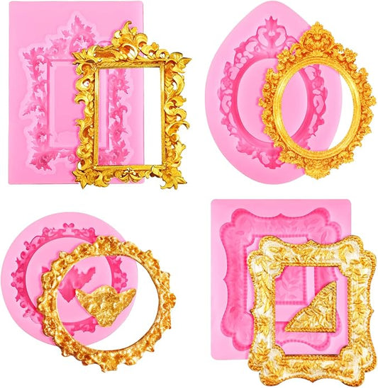 JJUNW 4 Pcs Photo Frame Silicone Molds, Baroque Style Air Dry Clay Molds, Mini Frame Molds Silicone for Cupcake Topper Cake Decoration Chocolate Candy Polymer Clay