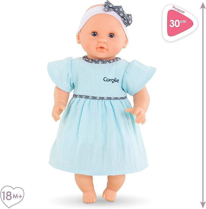 Corolle Bébé Calin Maud - 12" Soft Girl Baby Doll with Vanilla Scent, Blue Outfit & Sleeping Eyes for Girls Ages 18 Months+, Cute Reborn Realistic Baby Dolls for 2 Year Old Girls
