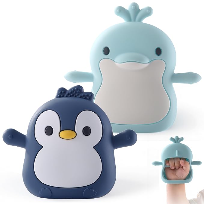 Baby Teething Toys for 3-6 Months Silicone Teething Mittens for Babies Food Grade Silicone Teether (Dolphin+Black Penguin)