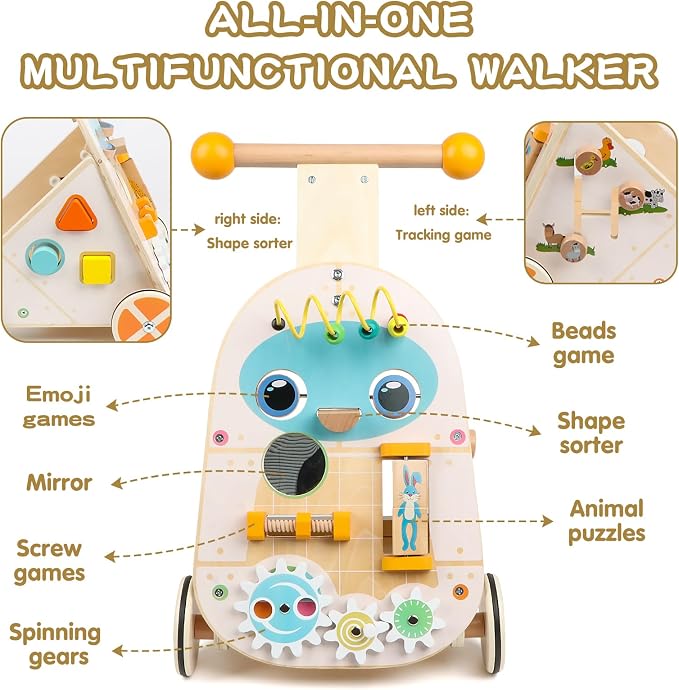 Wooden Baby Walker, Adjustable Speed Baby Push and Pull Learning Activity Walker, Wooden Push Walker Activity Center Toy with 7 Educational Activities, Learning & Walking Toy for Boys Girls