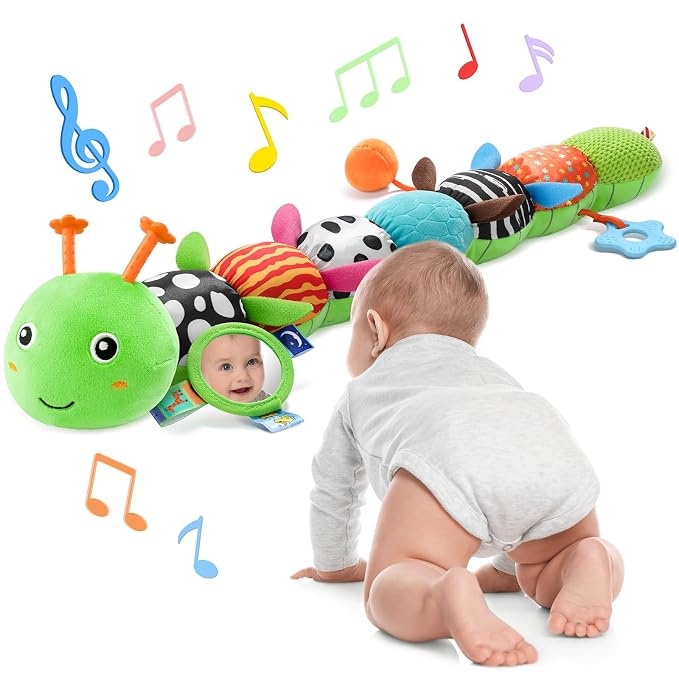 AWOTOY Baby Sensory Toys Music Caterpillar Plush Infant Toys 0 6 12 Months | Stuffed Animals Tummy Time Teething Toys with Mirror Pull String Rattle Baby Toys for Newborn Boy Girl Shower Birthday Gifts