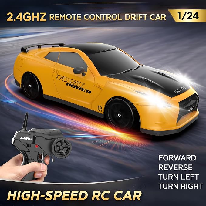 Remote Control Car RC Drift Car 2.4GHz 1:24 Scale 4WD 20KM/H High Speed Model Vehicle with LED Lights Drifting Tire Racing Sport Toy Car for Adults Boys Girls Kids Gift 2Pcs Rechargeable Batteries