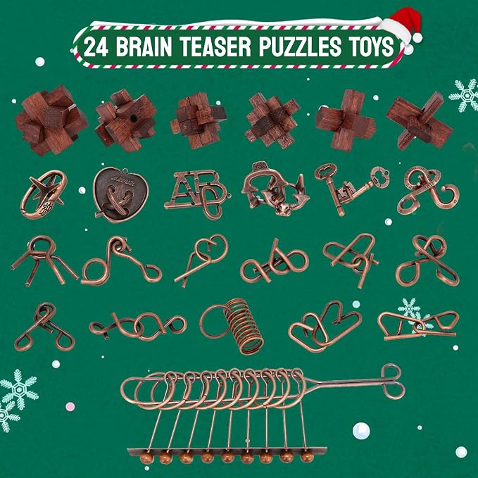 Advent Calendar 2025, Christmas Countdown Calendar Gift Box with 24 Brain Teaser Puzzles, 24 Days Metal & Wood Brain Teaser Puzzles Xmas Countdown Calendar Challenge for Adults Teens Boys Girls