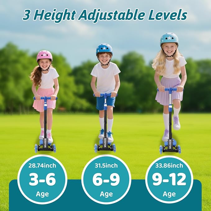 Kids Kick Scooter for 3-12,Lean-to-Steer 3 Wheel Scooter for Beginners with Light-Up Wheels,3 Adjustable Handlebar 27.5"–33",6-Inch Wide Deck,Rear Foot Brake,Foldable Scooter for Boys & Girls