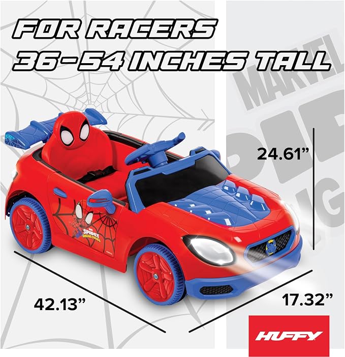 Huffy Marvel Spiderman 12V Ride-On Car, Ages 3–5, Parent Remote Control, Forward & Reverse, Realistic Sounds, Spidey and His Amazing Friends, Max 2.8 MPH