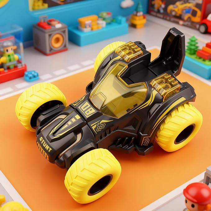Friction Powered Flip Stunt Car, Push and Go Toy Car with 360° Upright Spin, Dual-Sided Rotating Off-Road Vehicle, No Batteries Required, Toy Car for Boys & Girls Ages 3 (Yellow)