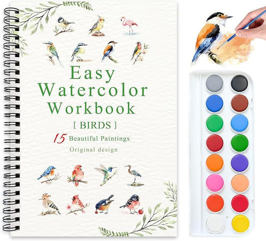 Watercolor Workbooks, 16 Colors Water Color Books Paint Set for Adults, Watercolor Coloring Book for Beginners, Water Color Workbook, 15 Beautiful Paintings for Beginners (Birds)