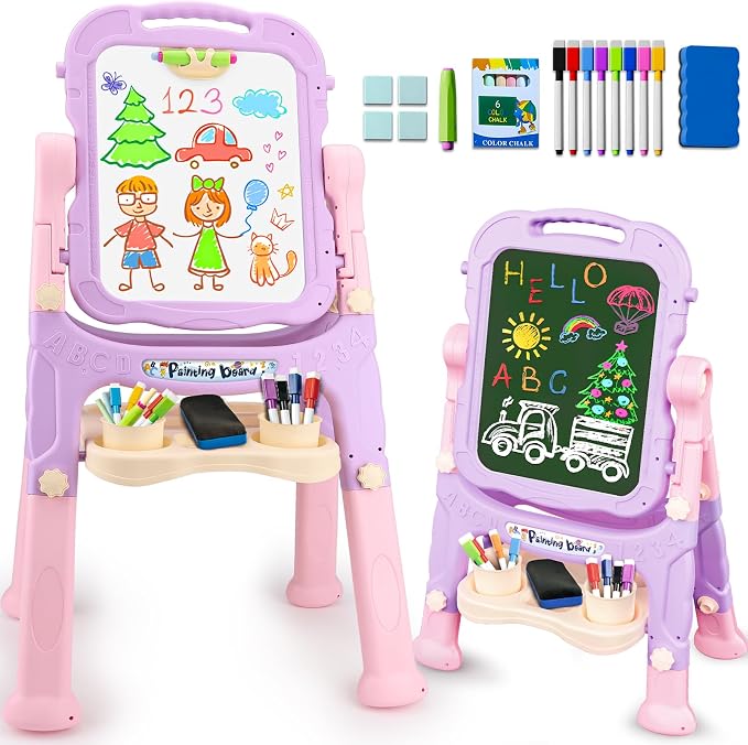 Kids Double Sided Art Easel for Toddlers Magnetic White Board Chalk Board with Painting Accessories Adjustable Stand Drawing Educational Learning Toys - Age 3 4 5 Year Old Girl Birthday Gifts Pink