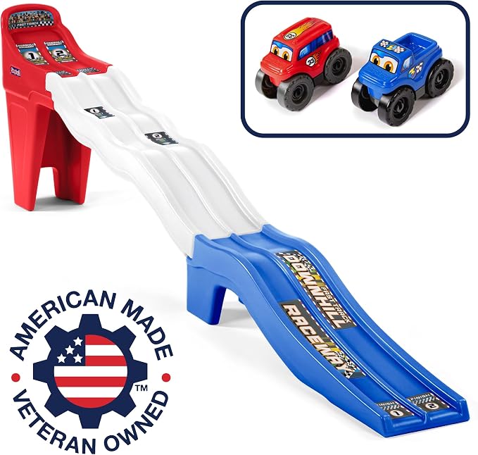 Simplay3 Fast Track Downhill Toddler Race Track Toy with Dual Lane Car Ramp Racing Set, Includes 2 Toy Cars, Indoor Active Play Raceway, Red/White/Blue