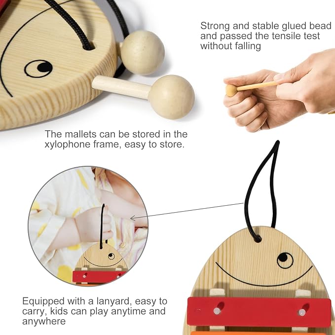 Xylophone for Baby Toddler Fish Shape Wooden Xylophone with 2 Mallets Educational & Preschool Learning Percussion Instrument Professional Tuning Musical Toys for Kids Aged 3+