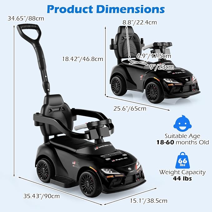 Licensed Toyota Ride on Push Car for Toddlers by INFANS, 3 in 1 Walking Sliding Toy with Removable Guardrails and Handle, Music, Under Seat Storage for Kid (Dark)