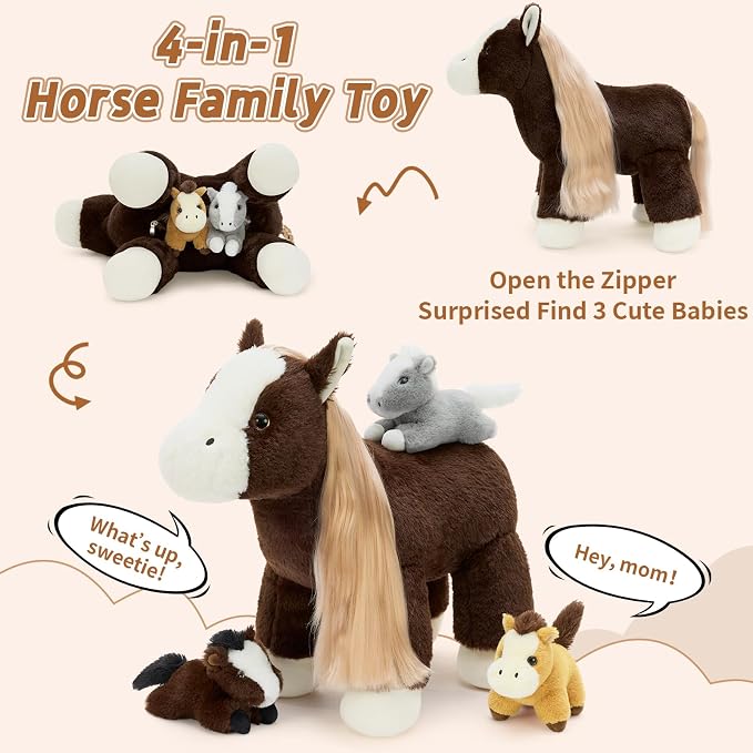 Tezituor 4Pcs Horse Stuffed Animal with Long Hair, 18 Inch Large Mommy Horse with 3 Baby Ponies Plush Set, Realistic Farm Pony Body Pillow Gift for Girls Boys