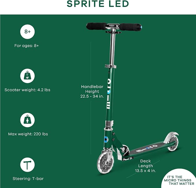 Micro Kickboard | Sprite Foldable LED Scooter for Ages 6+ | Children up to 220 lbs | 2 Wheel | Travel Ready | Adjustable T Bar | Smooth Ride, Motion Activated PU LED Wheels | Swiss Design