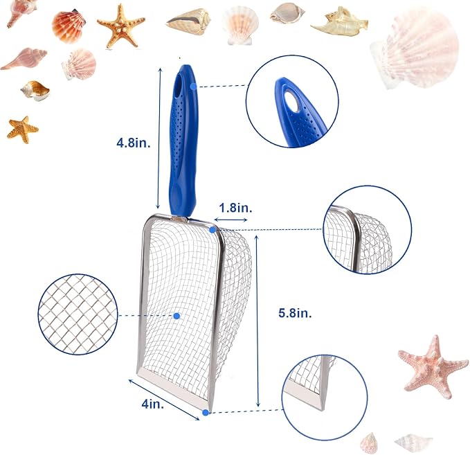 MUYIZI Beach Mesh Shovel with Mesh Shell Bags, Kids Filter Sand Scooper for Picking Up Shells,Shark Tooth Sifter Dipper for Boys and Girls,Beach Toys Accessories (Sapphire Blue)