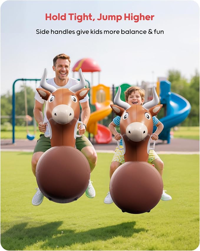 QPAU Large Inflatable Bull Hopper Bouncy Toy, 250lbs High Capacity Ride-on Animal for Kids & Adults, Soft Fabric Cover & Pump, Durable Puncture-Resistant Bouncer for Family Party Gift