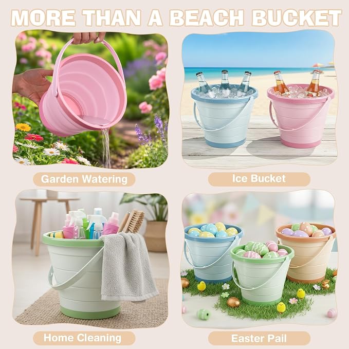 Dreamon Beach Toys, 4 Pack Collapsible Sand Buckets for Kids, Shovels & Rakes Set with Mesh Bag, Kids Beach Essentials Sandcastle Building Kit for Beach Trip Outdoor Play and Summer Fun
