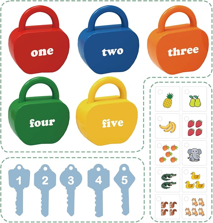 Montessori Lock and Key Toddler Toys, Cause and Effect Sensory Learning Toys for 1 2 3 Year Old, Number Counting & Matching Game, Fine Motor Skills Preschool Travel Activities