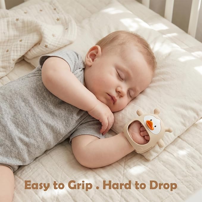 2 Pack Baby Teething Toys for 3-6 6-12 Months, Upgraded Silicone Teething Mitten with Anti-Dropping Wrist Design, Soft Sensory Baby Teether Toys, BPA Free Infant Chew Toys,Green & Nude（Duck）