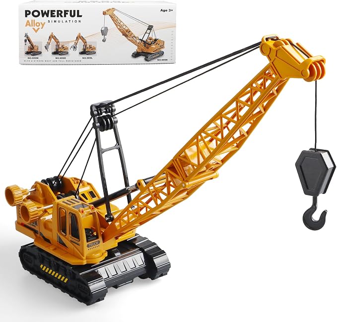 Metal ABS Crane Toy, Diecast Construction Vehicles Crane Model Car with Manual Lifting Button, Truck Building Toys for Kids Boys Ages 3-7, 8-12 Christmas and Birthday Gifts