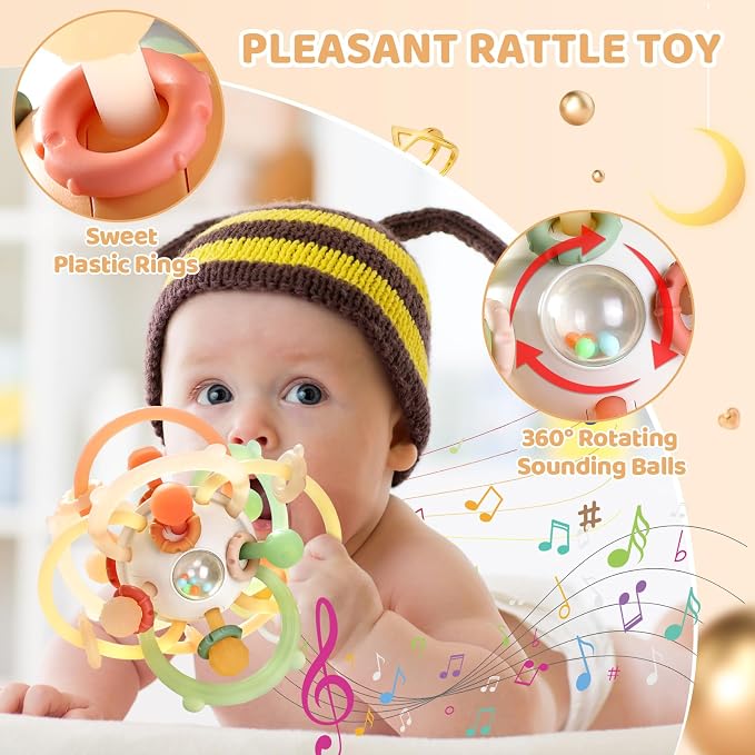 Baby Rattle Teething Toys, Baby Ball Teether Toys for 0 3 6 9 12 18 Months, Silicone Montessori Teethers with Rattle Ball for Newborn Infant, Sensory Delopmental Gift for Boys Girls, Brown