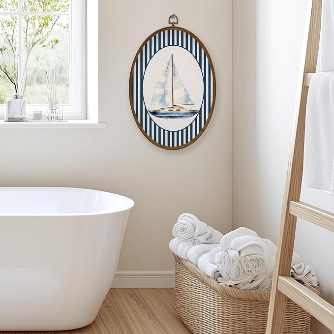 WULQYING Coastal Sailboat Nautical Nursery Wall Art Decor, Kids Room Oval Framed Canvas Art Prints, Blue Striped Sailboat Wall Hanging Decor for Kids Toddler Boy Room Bedroom Playroom, 8.6x11.4 Inches