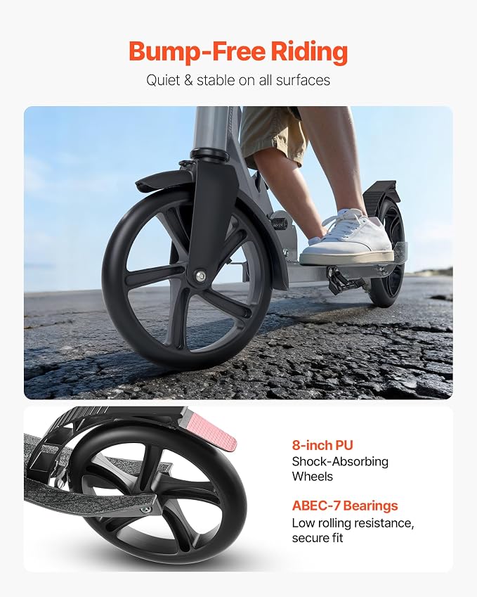 VEVOR Kick Scooter for Kids Ages 8+, Teens & Adults, 2-Wheel Toddler Scooter with Adjustable Height Handlebar, Wide Anti-Slip Deck, Foldable Lightweight Frame for Boys & Girls up to 220 lbs, Gray