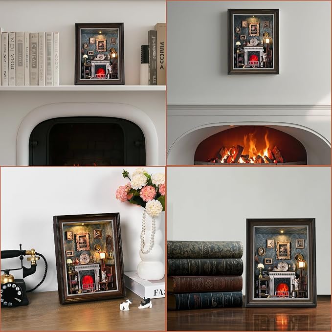 Book Nook Kit - 3D Wooden Puzzle with LED Switch Control & Wall-Mountable Frame,DIY Miniature House for Beginners,Bookshelf/Tabletop/Wall Decor for Craft Lovers,Dollhouse Gift,Fireplace