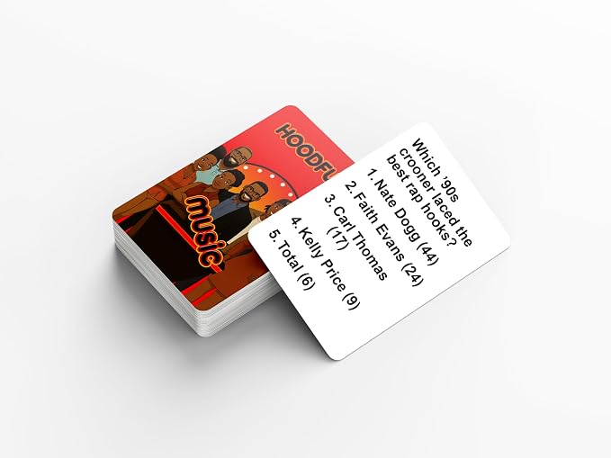 HoodFued Music Edition – Black Culture Hip Hop and RNB Soul Trivia Deck for Game Night, 76 Survey Questions, 2-Team Feud-Style Play, Portable Party Fun for Cookouts & Dorms