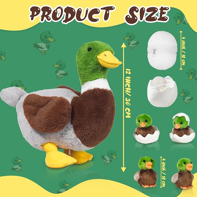 7 in 1 Mallard Duck Stuffed Animals Plush Toys, 12“ Zippered Mommy Stuffed Duck with 4 Baby Ducklings and Eggs Green Duck Plushies Pillow for Kids Birthday Christmas Farm Party Decor