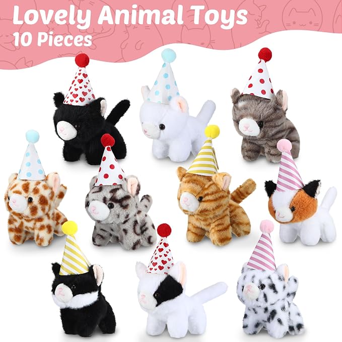 10 Set Kittens Stuffed Animals Bulk with 10 Birthday Hats 10 Kraft Paper Boxes Mini Plush Toys Small Stuffed Cat Pet Gifts for Kids, School Birthday Animal Decor(Standing Style)