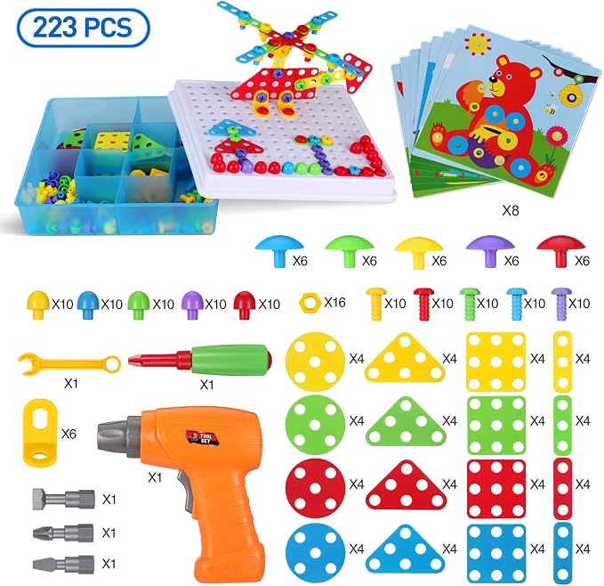 Creative Mosaic Tool Kit with Electric Drill, STEM Building Blocks for Kids, 223PCS Toy Construction Tools, Montessori Educational Construction Toys, Birthday Gift for Boys Girls Ages 3 4 5 6 7 8 9 10