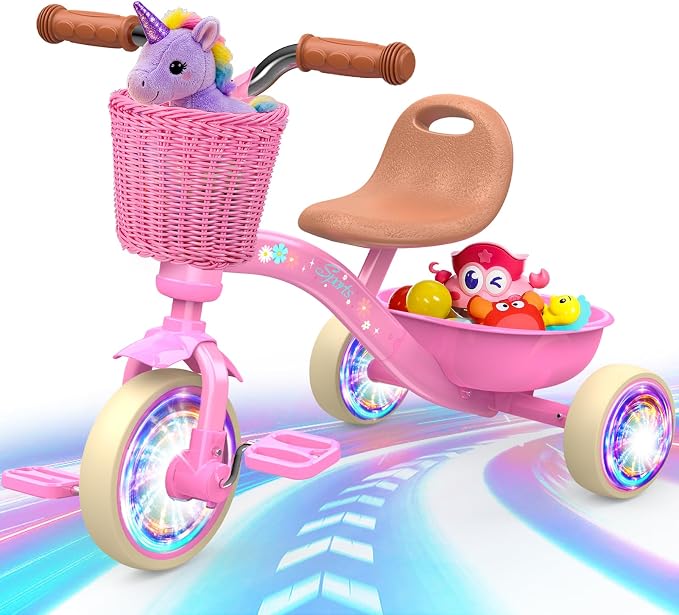 Kkdi Toddler Tricycle for 1-3 3-5 Year Olds, 2 3 4 5 Year Old Girl Birthday Gifts, Pink Toddler Baby Bike, Outdoor Riding Toys for Ages 2-4, 4-Level Adjustable Seat, 3 Color Light Wheels, 2 Baskets