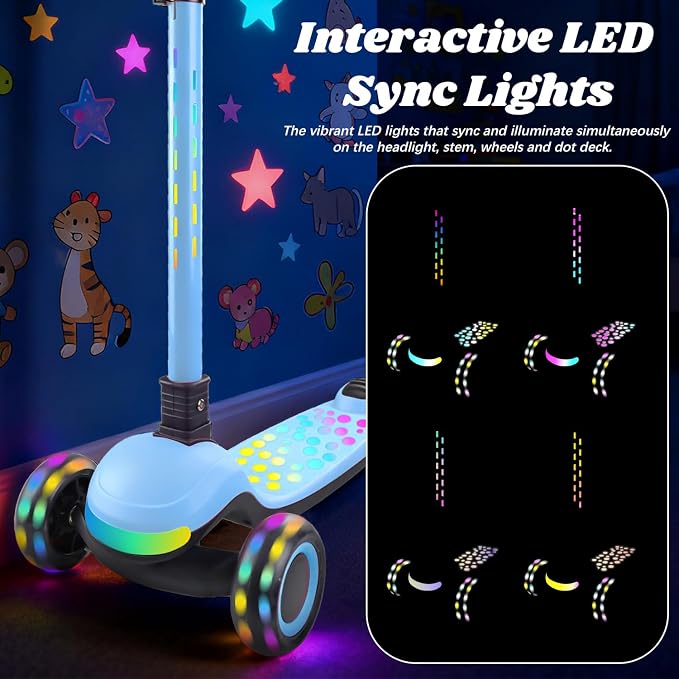 Light Up 3 Wheel Kick Scooter for Kids Toddlers with LED Sync Lights, Flashing Stem & Wide Polka Dot Deck Adjustable Height Music Function Safe Sturdy Folding Scooter for Kids