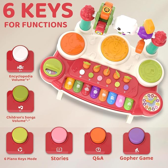 20-in-1 Piano Keyboard Musical Toy Interactive Drum for 1-3, Red | STEM Educational Sensory Toy - Montessori Preschool Electronic Learning Instrument - Toddlers 1st birthday gift