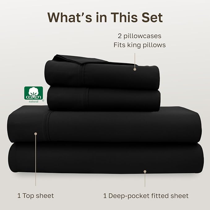 California Design Den Soft 100% Cotton King Size Bed Sheets Set, 400 TC Good Housekeeping Award Winner, Silky Smooth Sateen Weave with Deep Pockets, Breathable and Durable King Bedding Set - Black