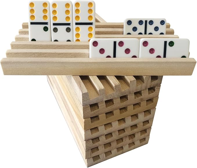 Yuanhe Domino Holder Trays Rack - Set of 8 Wooden Tiles Stand Holders for Mexican Train Rummy Chickenfoot