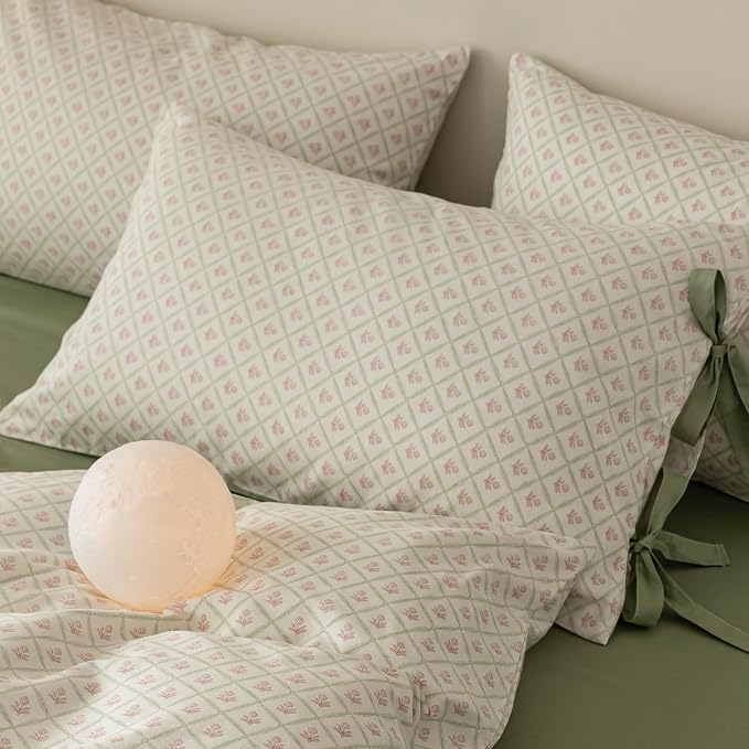 LifeTB Pink Floral Comforter Set Queen Plaid Grid Cute Flower Comforter 3 Pieces Cottagecore Bedding Comforter Aesthetic Flowers Boho Comforter with 2 Bowknot Pillowcases Farmhouse Bedding Set
