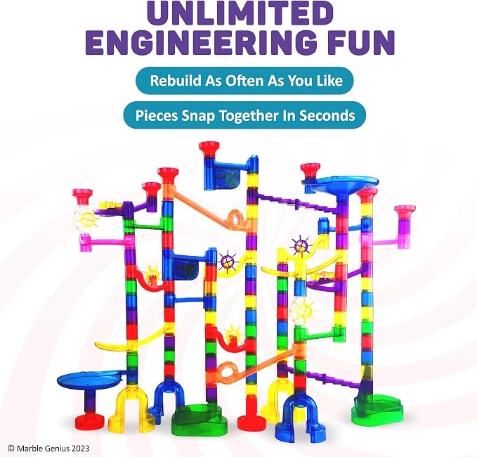 Marble Genius Marble Run Extreme Set, STEM Toys & Maze Construction Building - 300 Translucent Track Pieces & Glass Marbles for Family, Kids Toddlers Ages 4-8 - Fun Holiday Creative Gifts