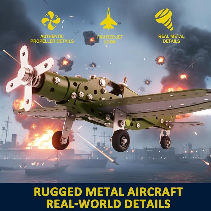 Metal Model Airplane Building Toys for Boys & Girls Ages 8-16, 285 Pieces DIY STEM Construction Kits, Educational Engineering Science Plane Set, Vintage Aircraft Vehicle Gift for Kids & Adults