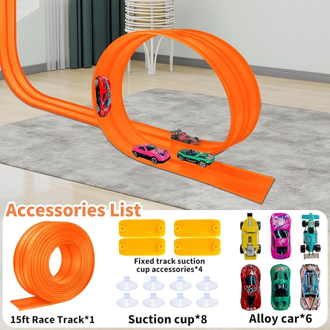 Flex Track Race Set for Kids, 15FT Starter Set Car Track with 4 Suction Cups and 6 Diecast 1/64th Cars - STEM Racing Toy for Boys & Girls Ages 3+ (Upgrade Orange) (Orange)