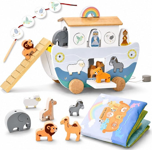 Wooden Noah’s Ark Toy with Cloth Book, Baptism Gifts for Boys and Girls, Christian Shape Sorter and Pull Along Playset for Toddlers 18M+, Animal Matching, Stacking and Threading Toys
